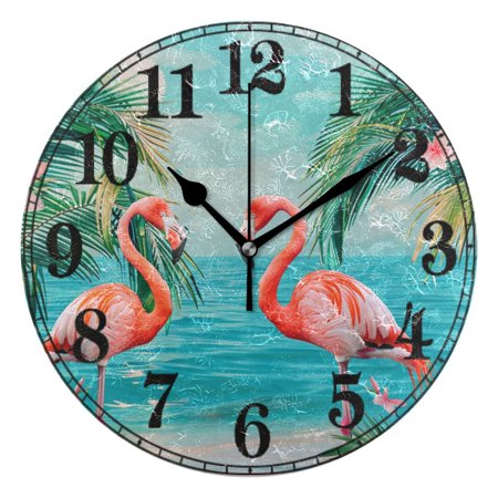 Flamingo Tropical Palm Tree Sea Silent Wall Clock 10 Non-Ticking Battery Clock