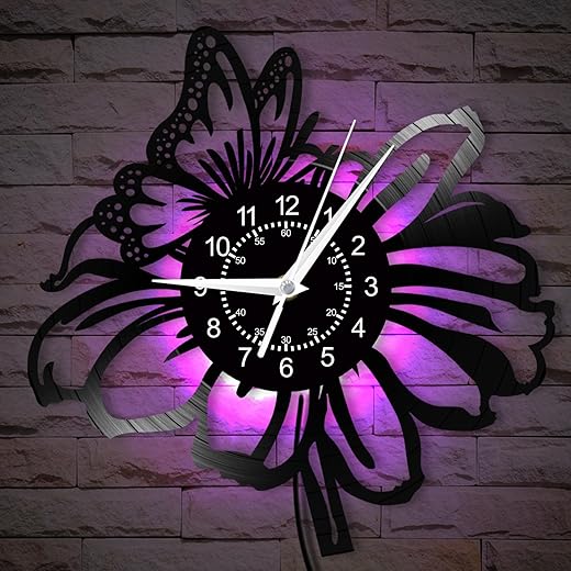 Flowers with a Butterfly Wall Clock, 7 Colors Luminous 12 Inch Night Light Wall Lamp Clock, Silent Quartz Non Ticking Modern Decorative Vinyl Record Wall Clock for Girls Room Garden Park Gift