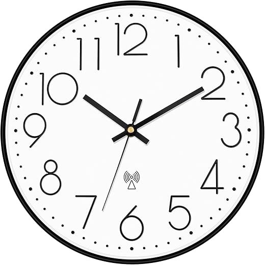 Foxtop Atomic Wall Clock Battery Operated Round Analog Modern Wall Clock Sets Automatically for Office Classroom Bedroom Kitchen Living Room (Black)