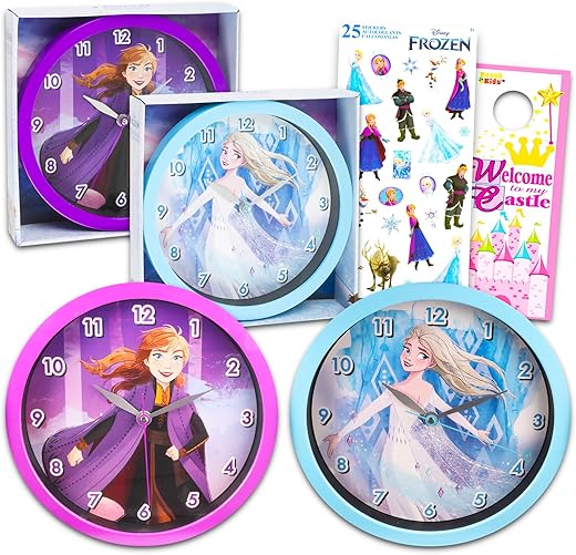 Frozen Wall Clock Set- Bundle of 2 Elsa and Anna 10” Disney Wall Clocks, Plus Stickers and More | Frozen Bedroom Clocks