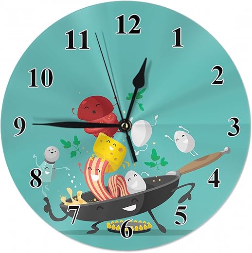 Funny Breakfast Characters Wall Clock Eggs, Cheese, Frying Pan, Tomato, Bacon, Greens and Salt Shaker Farmhouse Unique Large Clock Wall Battery Operated Silent Non-Ticking Decoration, A1212