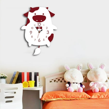 GARENAS Alarm Clocks for Bedrooms Cute Cartoon Cow Wagging Tail Wall Clock Acrylic Clock Household Room Decoration