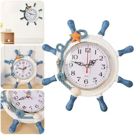 GARENAS Nautical Beach Wheel Wall Clock Maritime Time Clock Home Wall Decoration Household Supplies（Sky Blue）