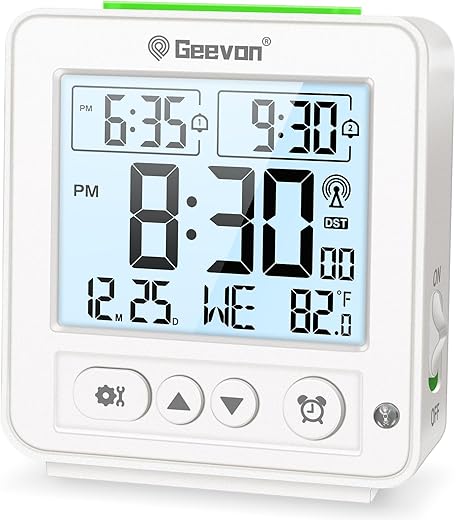 Geevon Small Digital Atomic Alarm Clock for Bedroom, Travel Table Clock with Auto/8s Backlight, 2 Alarm, Temperature, Desk Clock Battery Operated for Deep Sleepers Kids Elderly Home Office, White