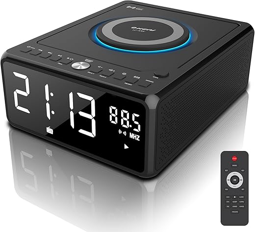 Gelielim CD Player Alarm Clock Radio Combo, Bluetooth CD Boombox, 10W Fast Wireless Charging, Support CD/MP3/AUX/USB/FM Radio, CD Players for Home with Remote Control, Large Display, Dimmer