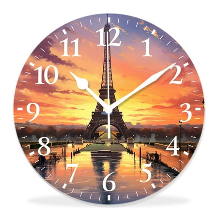 generic 12 inch Round Wall Clock,Eiffel Tower Landmark Sunrise with Clouds on Horizon Park Sun Lovely,Silent Non-Ticking Wall Clock Decor for Home Office Kitchen Living Room Bedroom