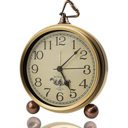 Golden Table Clock, Retro Vintage Non-Ticking Table Desk Alarm Clock Battery Operated Silent Quartz Movement HD Glass for Bedroom Living Room Indoor Decoration Kids