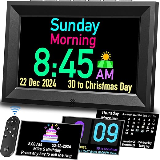 GOLOZA 7'' Digital Calendar Clock, Talking Clock with 10 Volumes, 6 Display with 10 Color Modes, Auto Dimmable, Alarms & Birthday & Holiday Reminders, 3 Pill Reminders Clock for Kids Adults Seniors