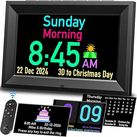 GOLOZA 7'' Digital Calendar Clock, Talking Clock with 10 Volumes, 6 Display with 10 Color Modes, 10 Levels Auto Dimmable, Alarms & Birthday & Holiday Reminders, 3 Pill Reminders Clock for Seniors