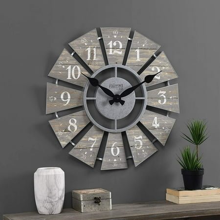 Gray Numeral Windmill Wall Clock, Large Vintage Decor for Living Room, Home Office, Round, Plastic, Farmhouse, 24 Inches