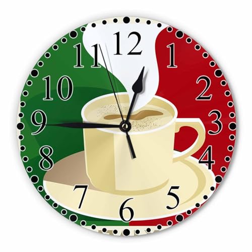 Green Red Beige Coffee Wall Clock 10 Inch Battery Operated Italy Espresso Cappuccino with Italian Flag Clock Silent Non-Ticking Modern Clocks Decorative for Home Kitchen Living Room Bathroom Office