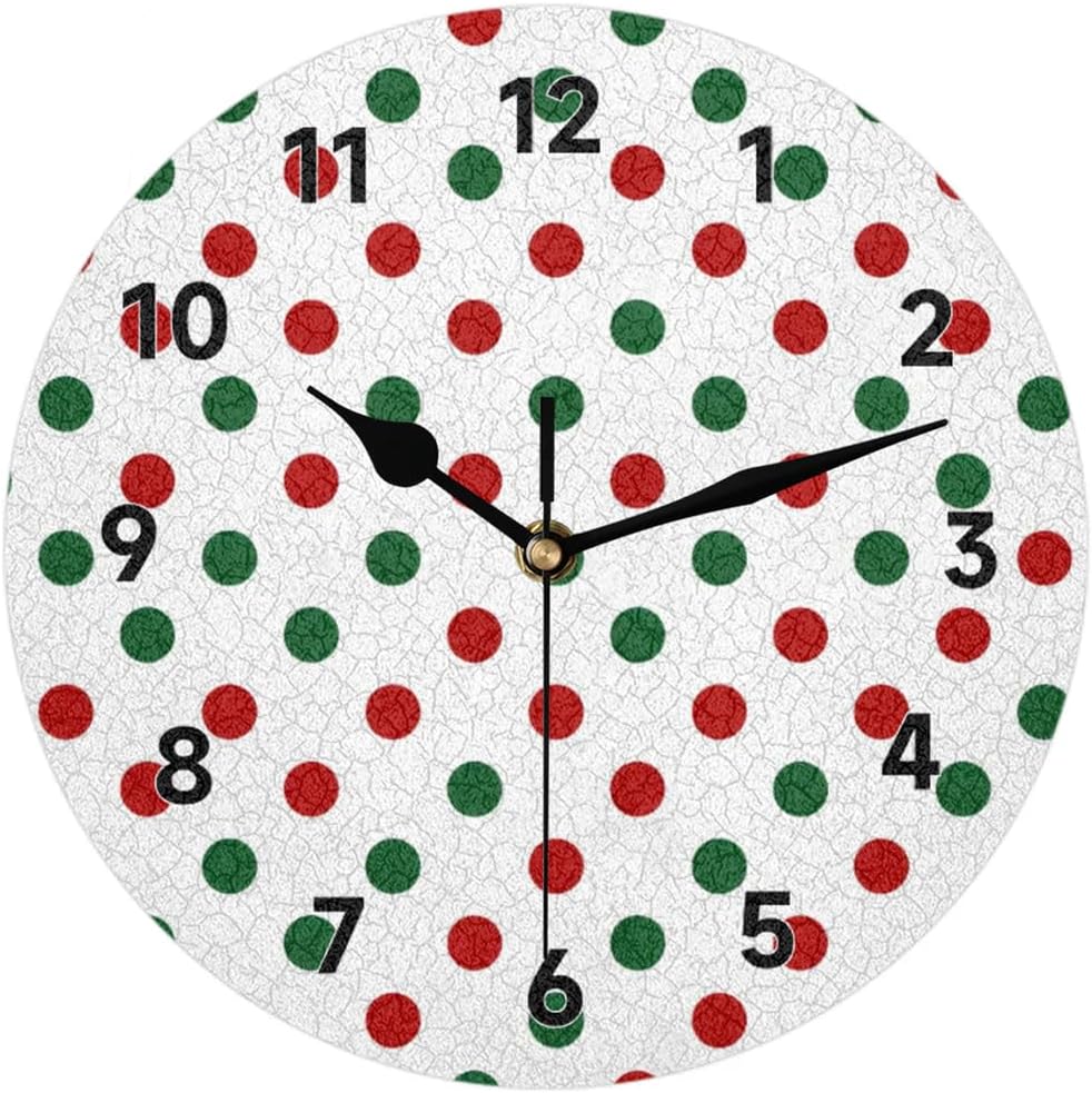 Green Red Polka Dots Wall Clock Decorative Round 12 Inch Wall Clocks Battery Operated for Kitchen Living Room Bedroom Bathroom Office Home Decor