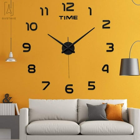 GustaveDesign Frameless DIY Modern Large Wall Clock 3D Sticker Mirror Surface Silent Home Decoration for Living Room Bedroom Office Black