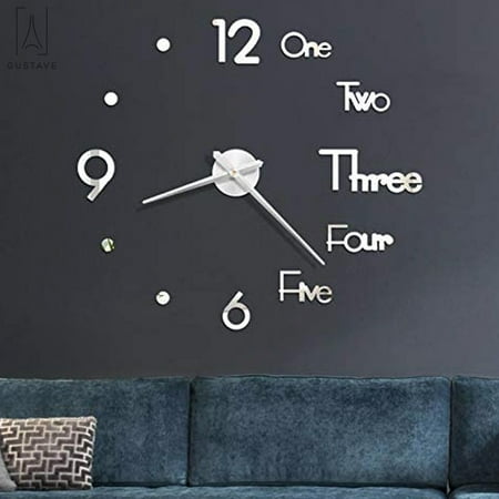 Gustave Frameless Large 3D DIY Wall Clock, Modern Design Creative Mute Wall Clock for Home Office Decor Mirror Surface Clock Sticker (White)