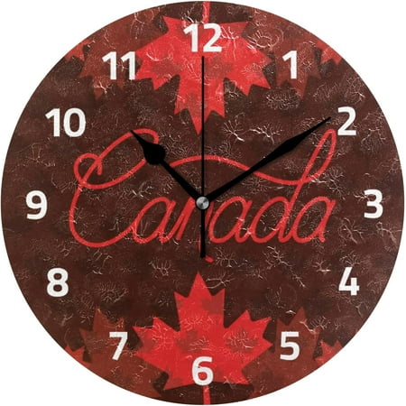 GZHJMY Wall Clocks Decorative Bedroom Silent Kitchen Living Room Desktop Modern Canada Day Decorations Maple Tabletop Shelf Clocks Round Battery Operated 10 Inch Non-Ticking