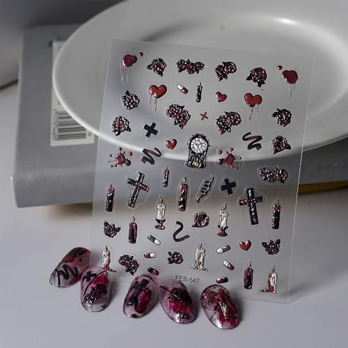 Halloween Nail Stickers Dark Red Heart Nail Art Stickers 5D Embossed Horror Blood Candle Cross Capsule Nail Decals Terrible Dark Rose Wall Clock 3D Self-Adhesive Nail Supplies for Women Manicure Decor