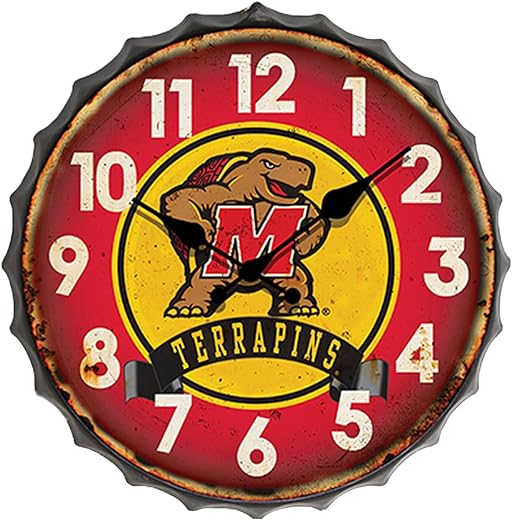 Hanna's Handiworks Maryland NCAA Bottle Cap Clock Vintage Metal Wall Art– Show Your School Team Spirit in Your Man Cave, Dorm, Bedroom, College Apartment with Terrapin Fan Decor