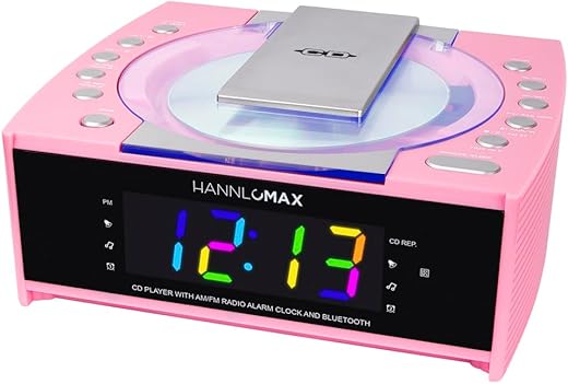 HANNLOMAX HX-336CD CD Player with Alarm Clock Radio, 1.2" RGB LED Display, Bluetooth, Digital Clock with Dual Alarm, Aux-in, AC Operation only. (Pink)