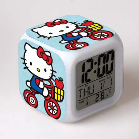 HANNTAOO Digital Alarm Clock for Kids, Hello Kitty Pattern 7 LED Color Changing Wake Up Clock with Thermometer Function and Night Light, Gift for Boys Girls A93-046 HTNL#1044