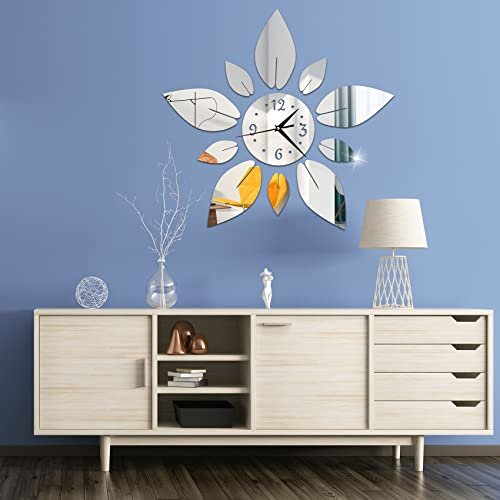 haodeni Modern Flowers Digital 3D Large Wall Clock Mirror Stickers Self-Adhesive Acrylic Crystal Decals DIY Silent Petal Combo Art Clocks Decoration for Home Apartment Office (Silver)