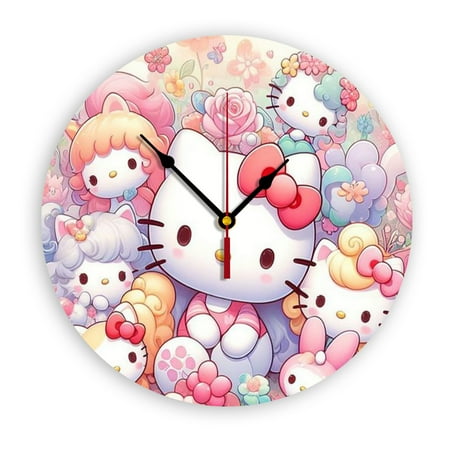 Hello Kitty Cartoon Wall Clock, Clear Glass Dial, Silent and No Ticking Sound, Suitable for Bedroom, Office, School, Home and Living Room as a Gift or Decoration, Large Size 12 Inches