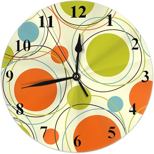 HGOD DESIGNS 60s Retro Orange Round Wall Clock,Blue Light Green Repeating Colorful Circle Over Yellow Background Round Wall Clock Home Garden Wall Decorative for Bedroom Office School Art(10)