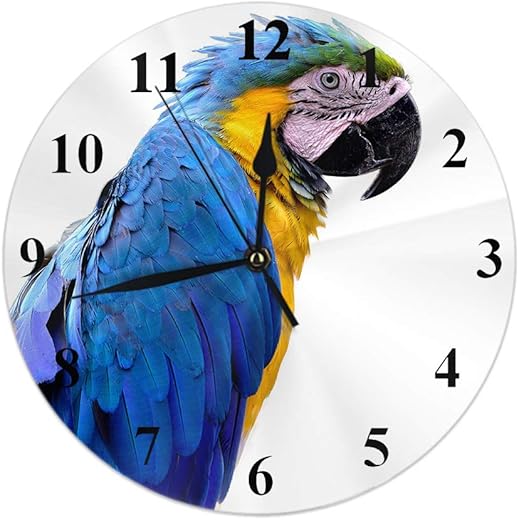 HGOD DESIGNS Macaw Parrot Round Wall Clock,Blue and Gold Beautiful Macaw Parrot Bird Showing Its Vivid Feathets Round Wall Clock Home Garden Wall Decorative for Bedroom Office School Art(10)