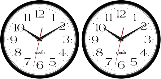 HIPPIH 2 Pack Silent Wall Clock, 10 Inch Non Ticking Quiet Digital Sweep Decorative Battery Operated Wall Clocks for Living Room Bedroom Kitchen School Office Decor, Black