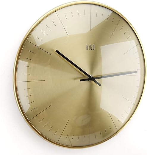 HITO Silent Non Ticking Wall Clock Glass Front Cover Accurate Sweep Movement 12 inch Modern Decorative for Kitchen, Living Room, Bathroom, Bedroom, Office (Gold 1)