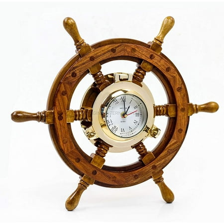 Home Decorative Maritime Ship Wheel With Brass Porthole Quartz Clock - Pirate Home Decor Wall Hanging Gifts - Nagina International (24 Inches)