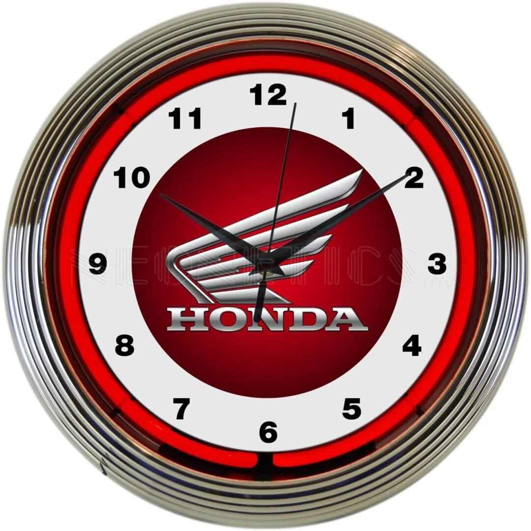 Honda Red Neon Wall Clock, 15-Inch, Chrome Finish Rim and Black Hands, red Glass Tube - Officially Licensed Product - 8HONDA