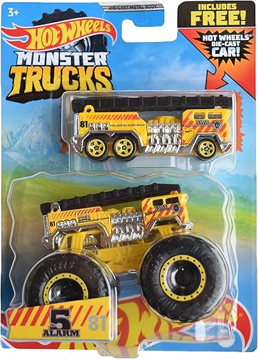 Hot Wheels Monster Trucks 5 Alarm, [Yellow] Includes Die Cast Car 1:64 Scale