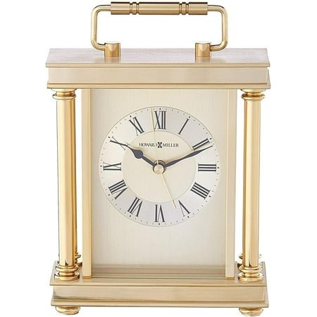 Howard Miller Audra Table Clock 645-584 – Brushed & Polished Brass Finishes, Decorative Handle, Black Accents, Modern Home Decor, Quartz Alarm Movement