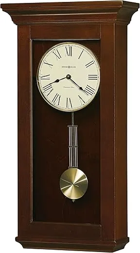 Howard Miller Continental Wall Clock 625-468 Cherry Bordeaux Finish, Circular Brushed Brass Pendulum Bob, Quartz Single-Chime Movement, Volume Control