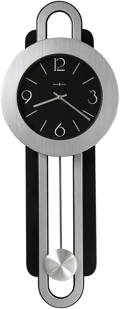 Howard Miller Gwyneth Wall Clock 625-340 – Modern, Two-Toned Brushed Nickel & Satin Black Finishes, Spun Silver Finished Pendulum Bob, Quartz Movement