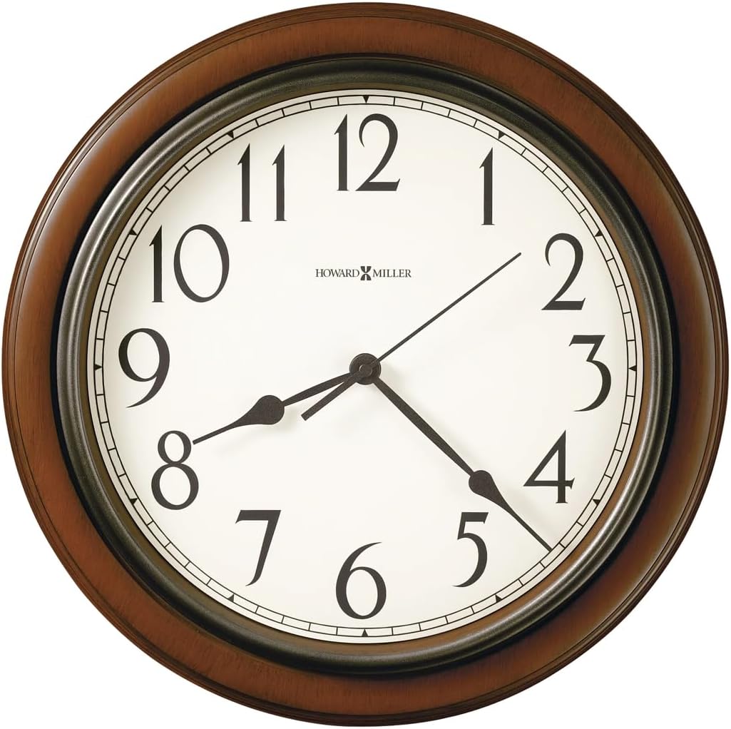 Howard Miller Kalvin Wall Clock 625-418 Medium Brown Cherry Finished Case, Charcoal Gray Accents, Modern Home Decor, Classic Round Design, Quartz Movement