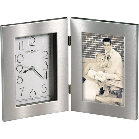 Howard Miller Lewiston Table Clock 645-677 – 4-Inch x 6-Inch Silver Finished Picture Frame, Glass Crystal, Hinged Timepiece, Modern Home Décor, Quartz Movement