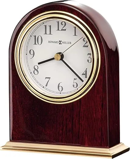 Howard Miller Monroe Table Clock 645-446 – Modern Home Decor, Arch Shaped Clock, High-Gloss Rosewood Hall Finish with Brass Finished Metal Base, Quartz Movement