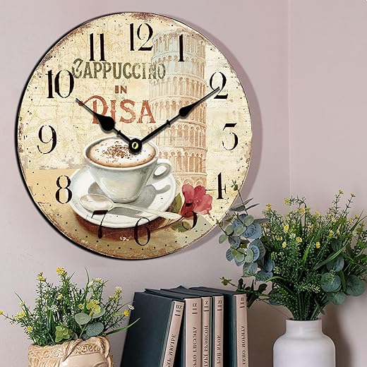 HQF Wall Clock,14 Italian Wall Clocks Coffee & Torre di Pisa Style Vintage Rustic Clocks Silent Clocks Farmhouse Clock Upgraded Movement for Living Room Bedroom Kitchen Decor