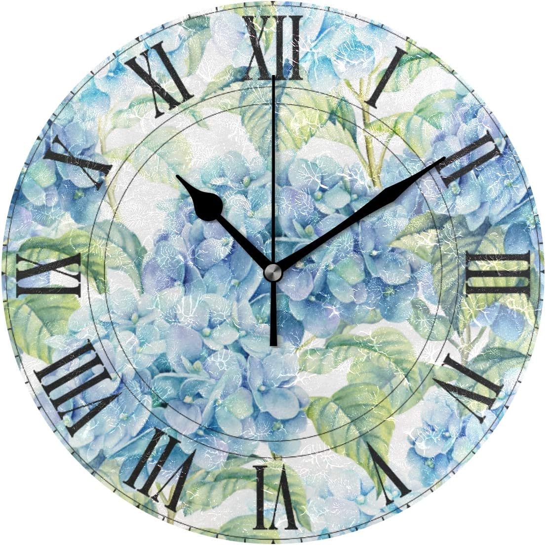 Hydrangea Floral Roman Numerals Wall Clock for Home Office Bedroom Living Room Decor Non Ticking Blue