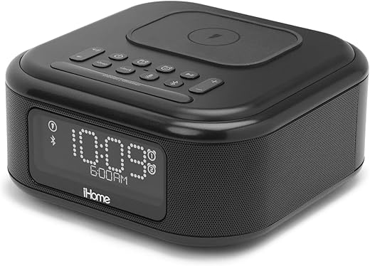 iHome Alarm Clock with Wireless Charging, Bluetooth Speaker, and USB Charger, Digital Clock for Bedroom, Office, or Dorm (IBTW23B8)