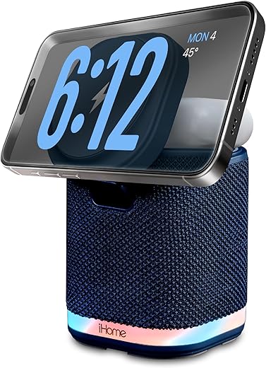 iHome Bluetooth Speaker with Wireless Charger, Charging Station with Color Changing Night Light - Blue (iPBT50L)