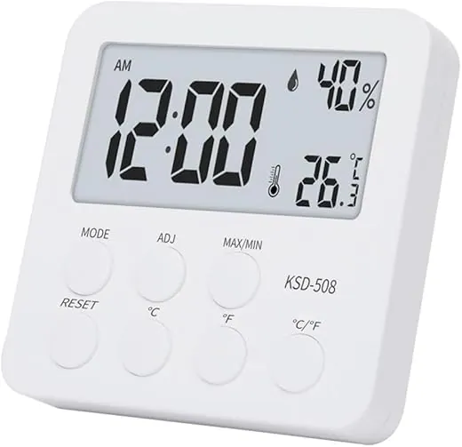 Indoor Thermometer, Desktop Digital Hygrometer with Temperature and Humidity Monitor, Room Thermometer with Clock and Stand