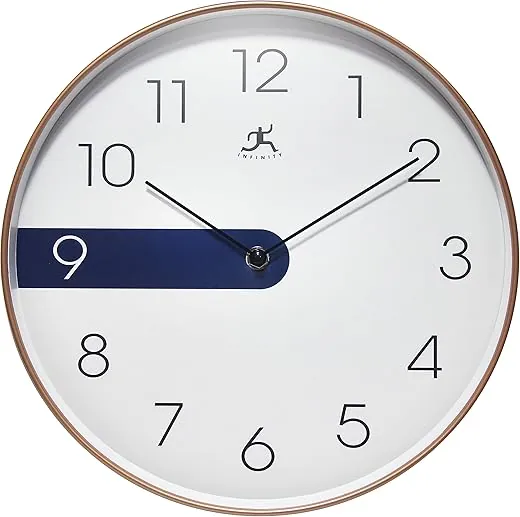 Infinity Instruments 12 Inch Blue Stripe Plastic Indoor Non-Ticking Silent Battery Operated Easy to Read Wall Clock for Living Room, Bedroom, Kitchen, Home Office, Copper