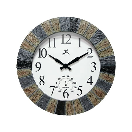 Infinity Instruments 13-inch x 13-inch Indoor/Outdoor Faux Dark Slate Multicolor Wall Clock 2 with Thermometer