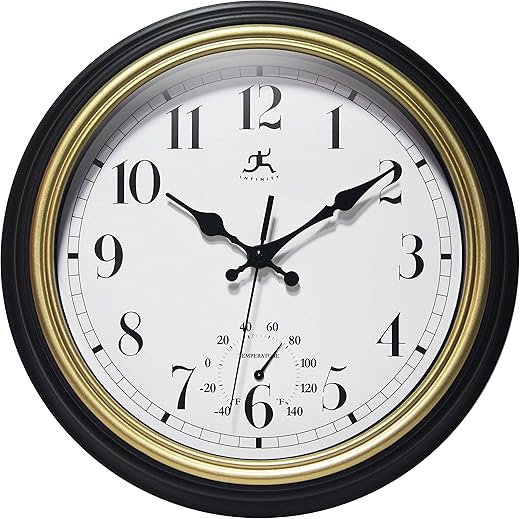 Infinity Instruments Classic Trim Plastic 12 Indoor/Outdoor Wall Clock with Built-in Thermometer, Silent Movement, Black and Gold