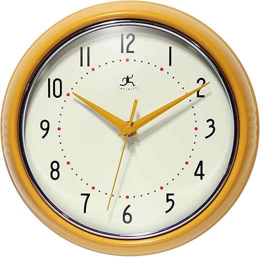 Infinity Instruments LTD. Retro 12 inch Silent Sweep Non-Ticking Mid Century Modern Kitchen Diner Wall Clock Quartz Movement Retro Wall Clock Decorative (Saffron Yellow)