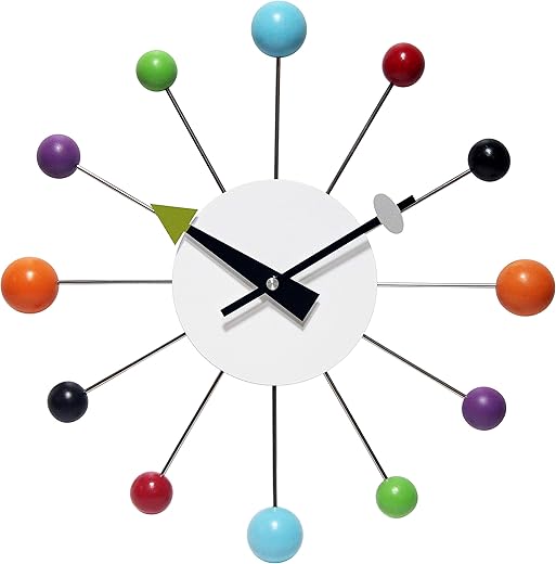 Infinity Instruments Orb Spoke Midcentury Modern 15 inch Retro Starburst Ball Wall Clock Quiet Quartz Movement Mid Century Decorative, Multi, Multicolor