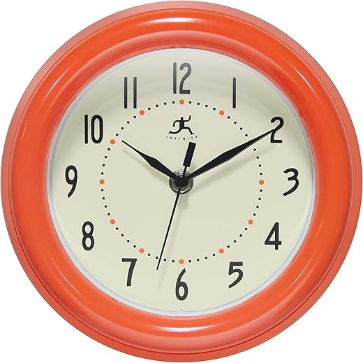 Infinity Instruments Retro 8 Inch Round, 1950's Vintage Style Wall Clock, Quartz Movement, Silent Ticking, Battery Operated, Indoor Use - Wall Clocks for Kitchen, School, Living Room - Orange