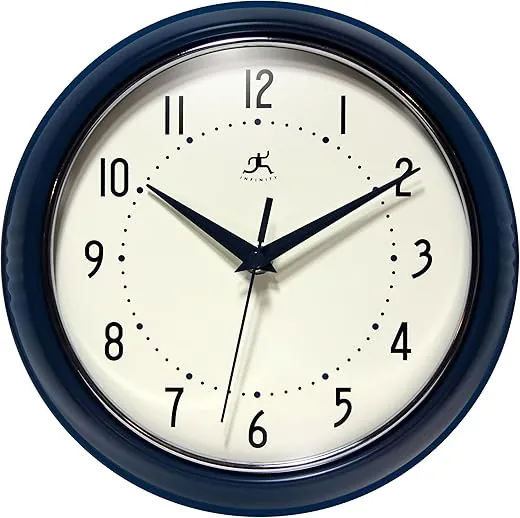 Infinity Instruments Retro 9.5 Inch Round Indoor Wall Clock, Navy Blue